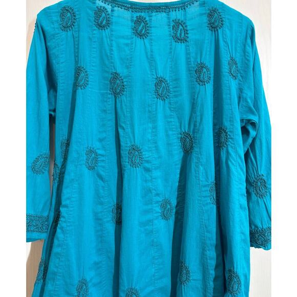 True Craft Women Small Embroidery Scoop Neckline 3/4 Sleeve Tunic Boho Chic - Picture 7 of 9